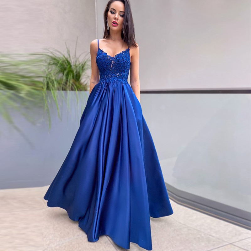 Comercio exterior europeo y americano Amazon AliExpress deseo nueva correa de encaje vestido de noche con cuello en V Vestido largo de satén