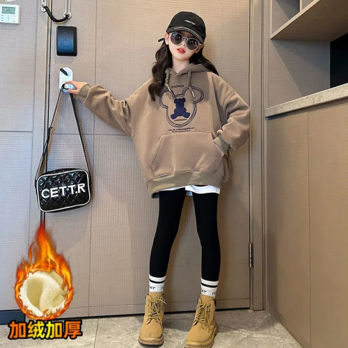 Girls' loose velvet hooded sweatshirt  autumn and winter new medium and large children's all-in-one velvet bottoming shirt Korean style top trend