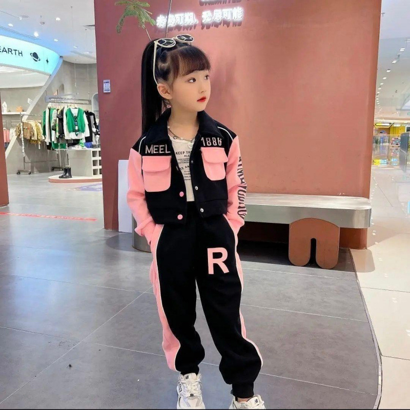 소녀의 가을 의류 세트 2024 새로운 스타일 스포츠 봄, 가을 어린이 가을 재킷 스웨터 소녀 투피스 세트
