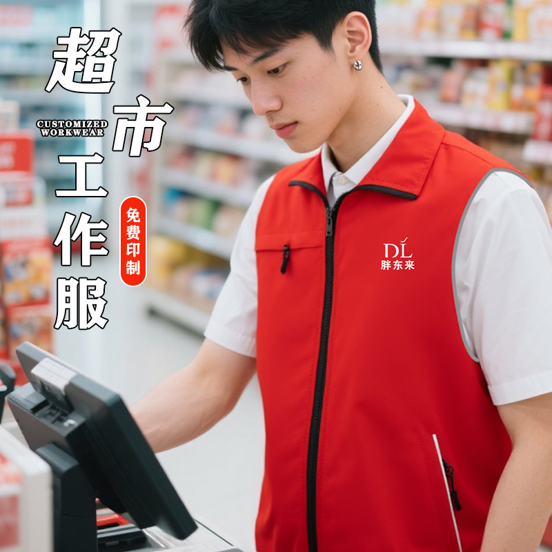 Fat Donglai Supermarket Work Clothes Fresh Supermarket Vest Printed Logo Cashier Red Zipper Flap Pocket Pants Vest