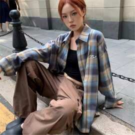 LC8182026秋新款新美式复古撞色格子防晒衬衫长袖休闲宽松薄外套