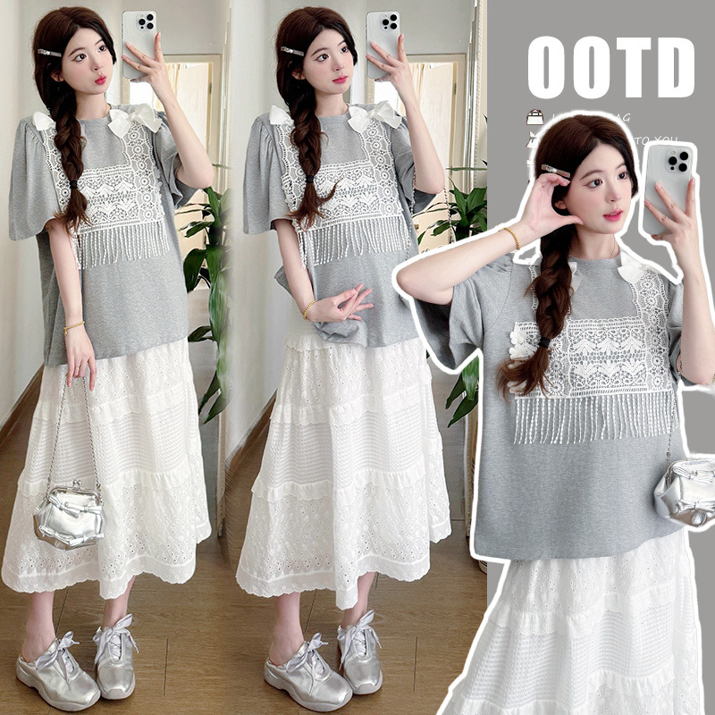 Fashionable summer lace set for pregnant with bow