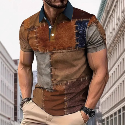 2025 Summer New Digital Printing Western and European Cross-border 3D Polo Shirts High-Quality Striped Short-Sleeve Polo Shirts
