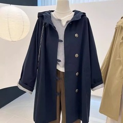 秋季连帽风衣外套大码宽松胖mm300斤工装复古高级感中长款大衣潮