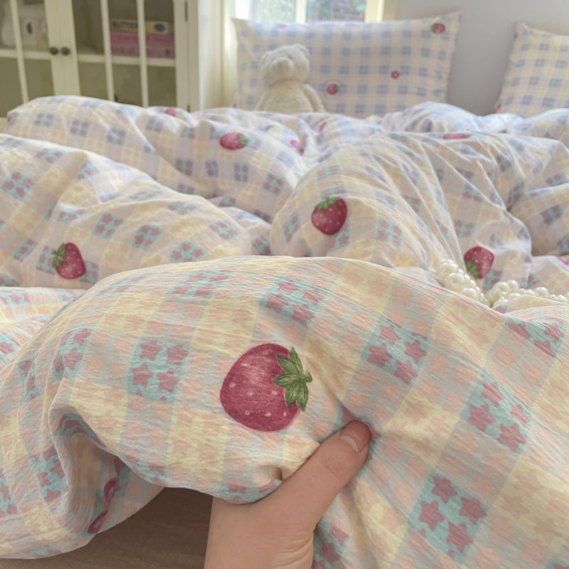 Category a Maternal and Infant Washed Knitted Double-Layer Yarn Bed Four-Piece Set Super Soft Quilt Cover Ins Fresh Dormitory Bed Bed Sheets Three-Piece Set