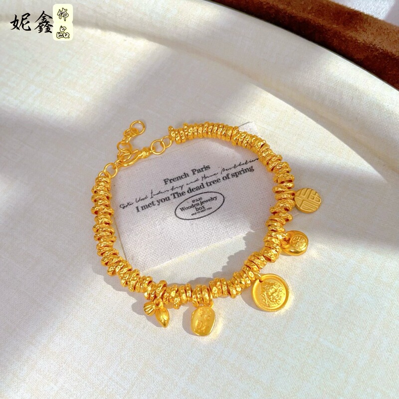New Chinese-Style Retro Gold Fortune God Coiled Bracelet, National Trend Niche Design, Temperament, Stylish, Simple Hand Jewelry