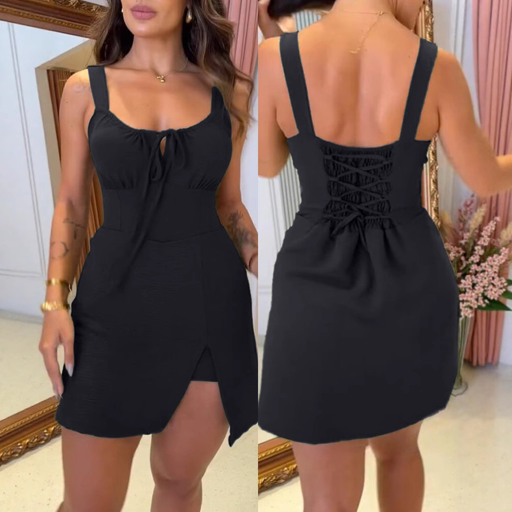 修身连体短裤方领设计配背部绑带