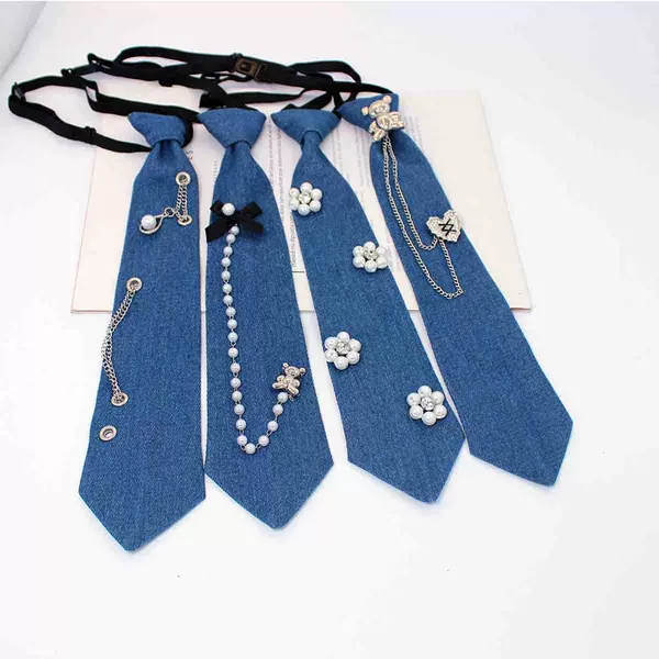 Jk Denim Fabric Rhinestone Tie Korean Style Shirt Decoration Free College Style Pearl Chain Bow Tie Uniform