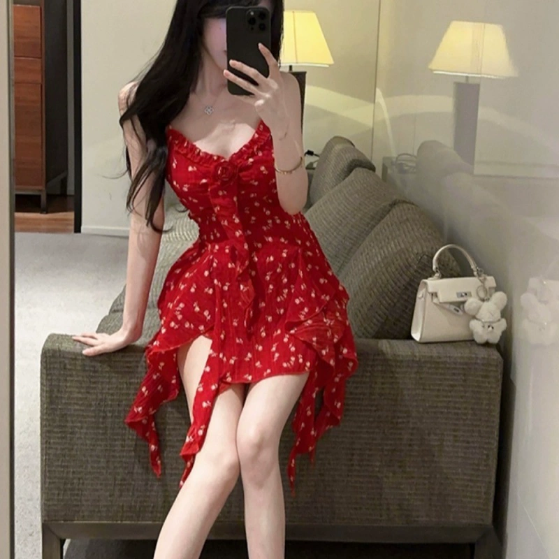 2025 новый летний стиль: женское платье с цветочным принтом, подвязками, камиллой и бахромой