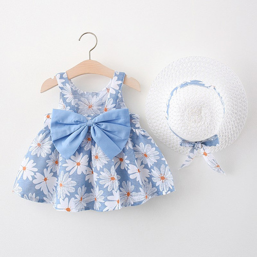 Summer  New Small Chrysanthemum Big Bow Grass Hat Dress for Girls and Baby Girls, Full of Small Chrysanthemum Dress for Girls