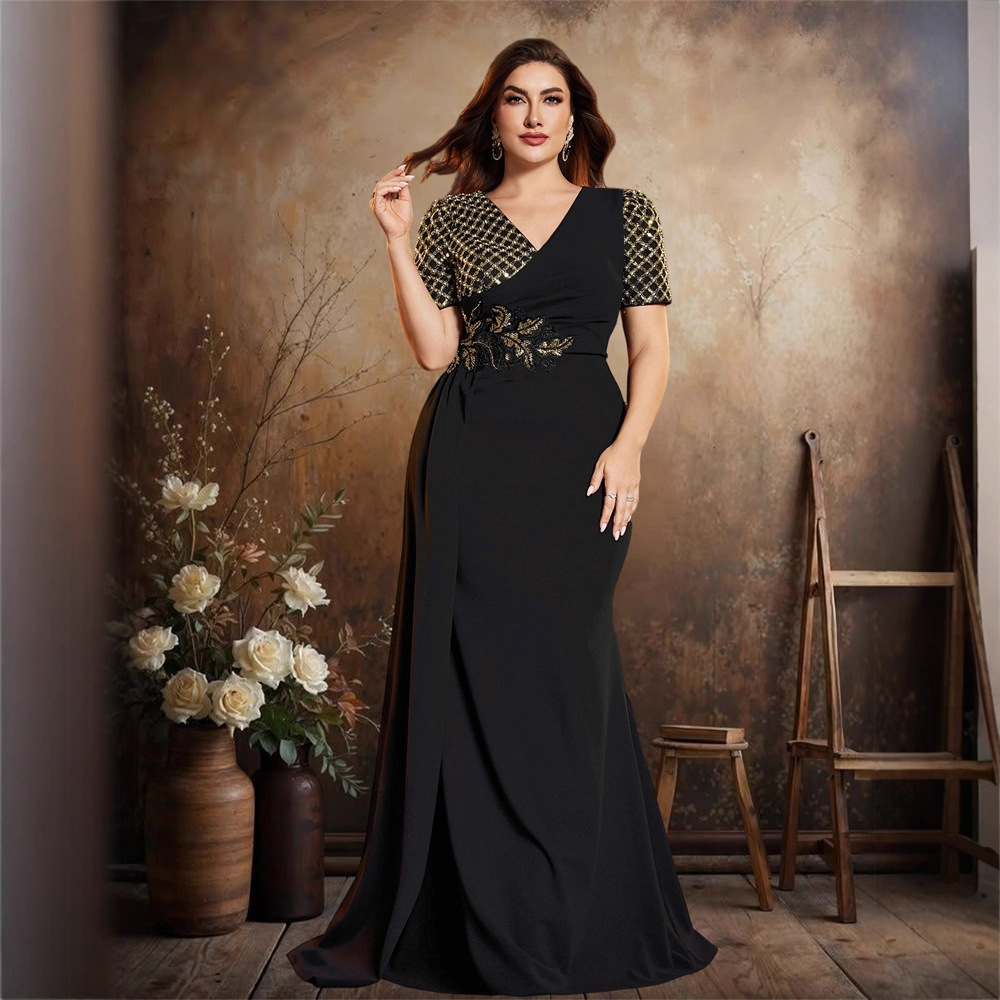 European and American Amazon Large Size Sequin Embroider Stitching V Neck Short-Sleeved Elegant Dinner Party Prom Dress