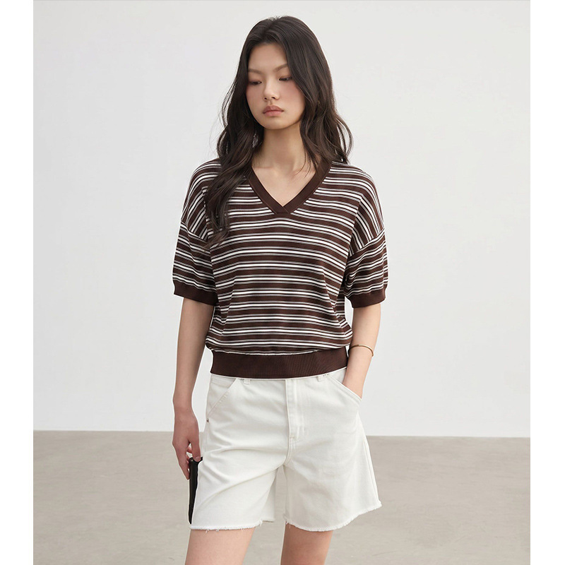 【Ten*Order】Coffee-Colored Retro Color-Blocked Striped V-Neck Knit Shirt, Casual Style Cotton Short-Sleeve T-Shirt, Summer Top