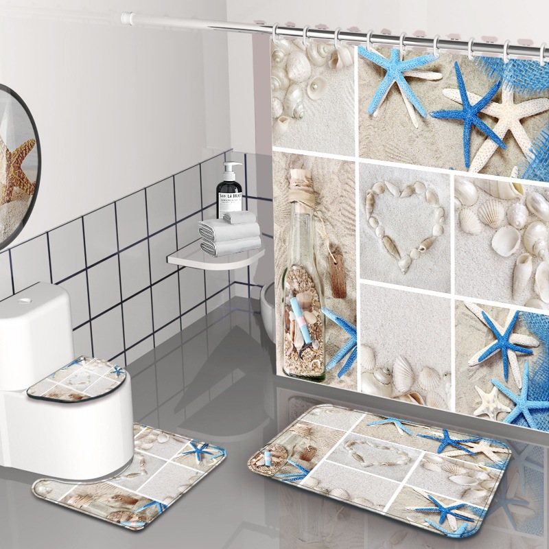 Impresión digital de ondas cortina de baño sin agujeros partición de baño cortina impermeable baño cuatro piezas conjunto de dibujo se puede fijar image 16