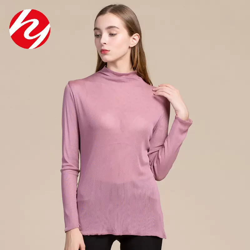华业双层真丝网眼高领打底衫女士春季纯色修身桑蚕丝长袖T恤上衣