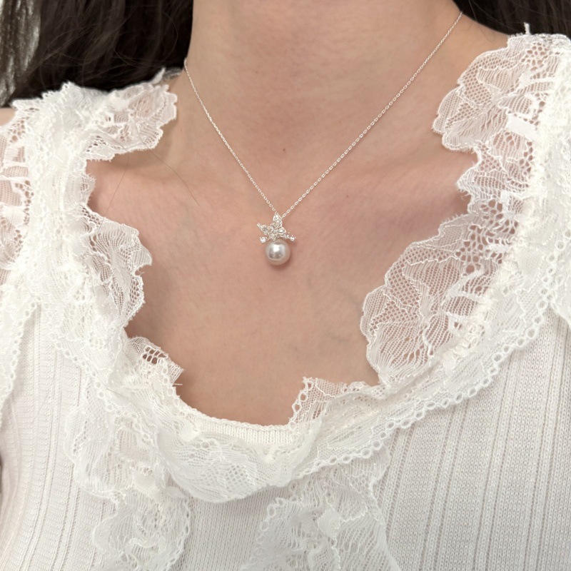 Copper Micro-Paved Zircon Pearl Pendant Necklace Women's Fashion Elegant Niche Design Earrings High-End Clavicle Chain Accessories