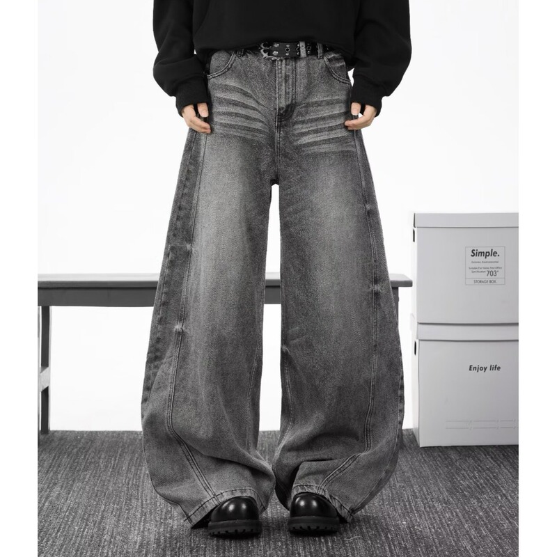 American Washed Distressed Jeans Men's Cleanfit High Street Loose Straight Wide Leg Pants Black Gray Casual Pants