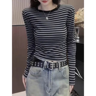 秋季新款休闲显瘦内搭打底衫上衣撞色独特漂亮早秋条纹长袖t恤女