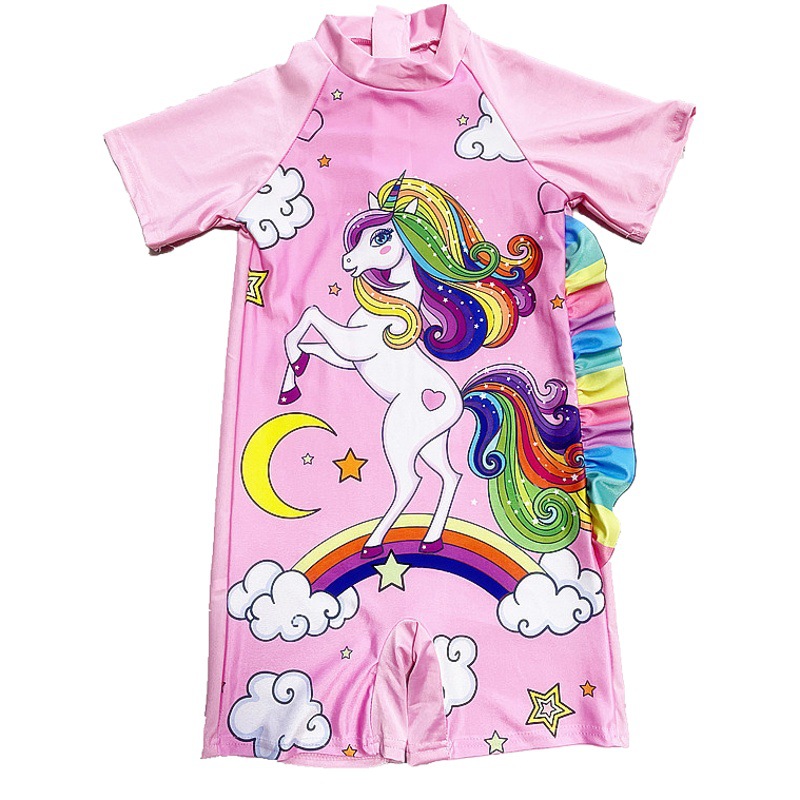 Traje de baño de una pieza para niñas, estilo caricatura, manga corta, pantalones cortos, traje de baño conservador con diseño patentado.