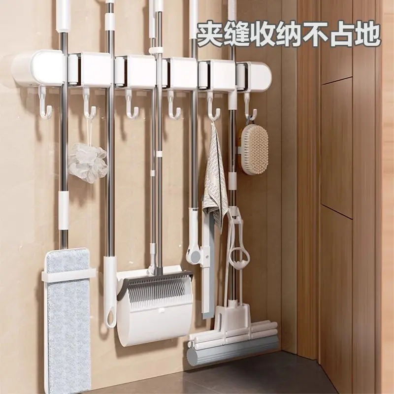 No-drill multifunctional mop hook storage clip broom mop rack wall-mounted trendy bathroom toilet home use wholesale