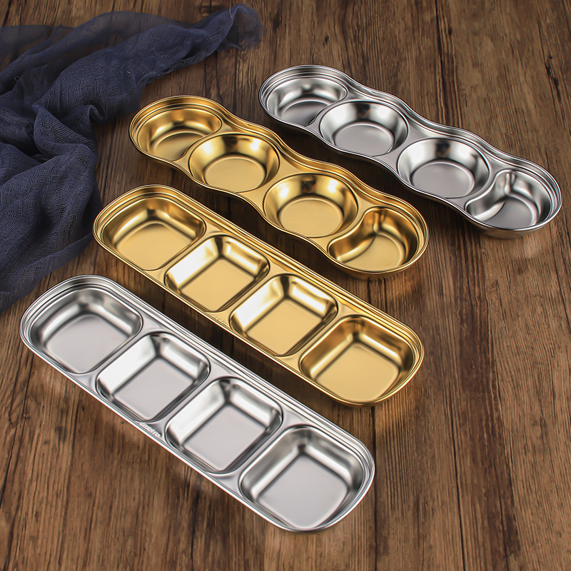 304 stainless steel Korean-style dipping plate gold sauce plate hot pot seasoning plate dip sauce plate barbecue dining utensil two-grid three-grid