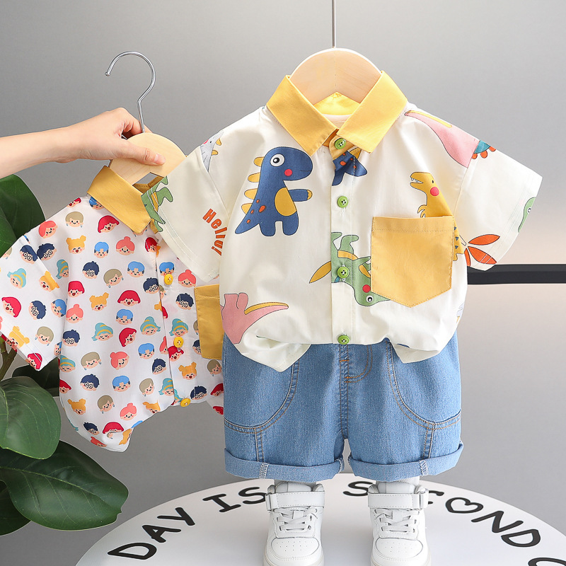 Boys' Shirt suit Summer New 2 Children's Dinosaur Short-sleeved Shorts 3 Female Baby Casual Fresh 2-piece Set Fashion