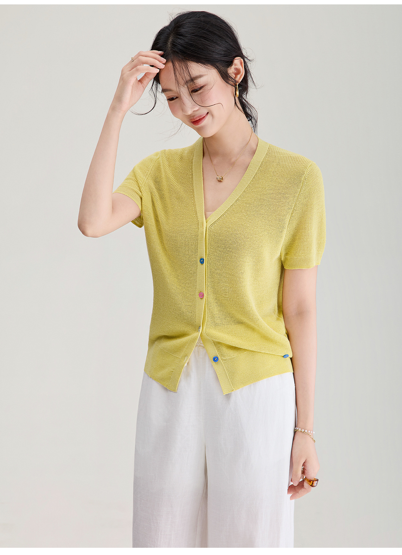 Áo cardigan nữ cổ V dệt kim sợi lanh siêu mịn, cúc màu, thoáng mát mùa hè — xanh lam chi tiết 19