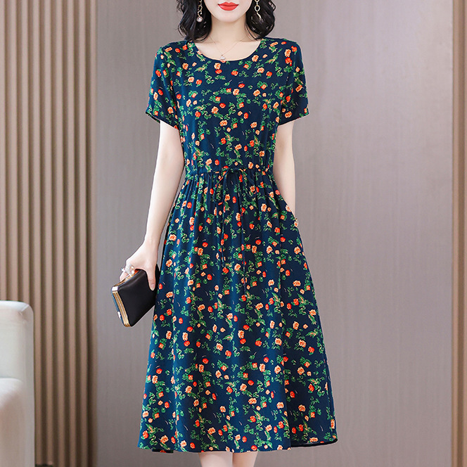 High-end new middle-aged and elderly cotton silk dress summer young middle-aged mother floral long skirt temperament outerwear