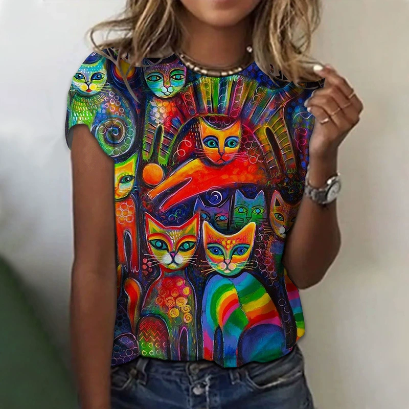 Женская футболка с круглым вырезом AliExpress Amazon, летняя свободная футболка с 3D цифровым принтом, с рисунком Мяу и мультяшным рисунком
