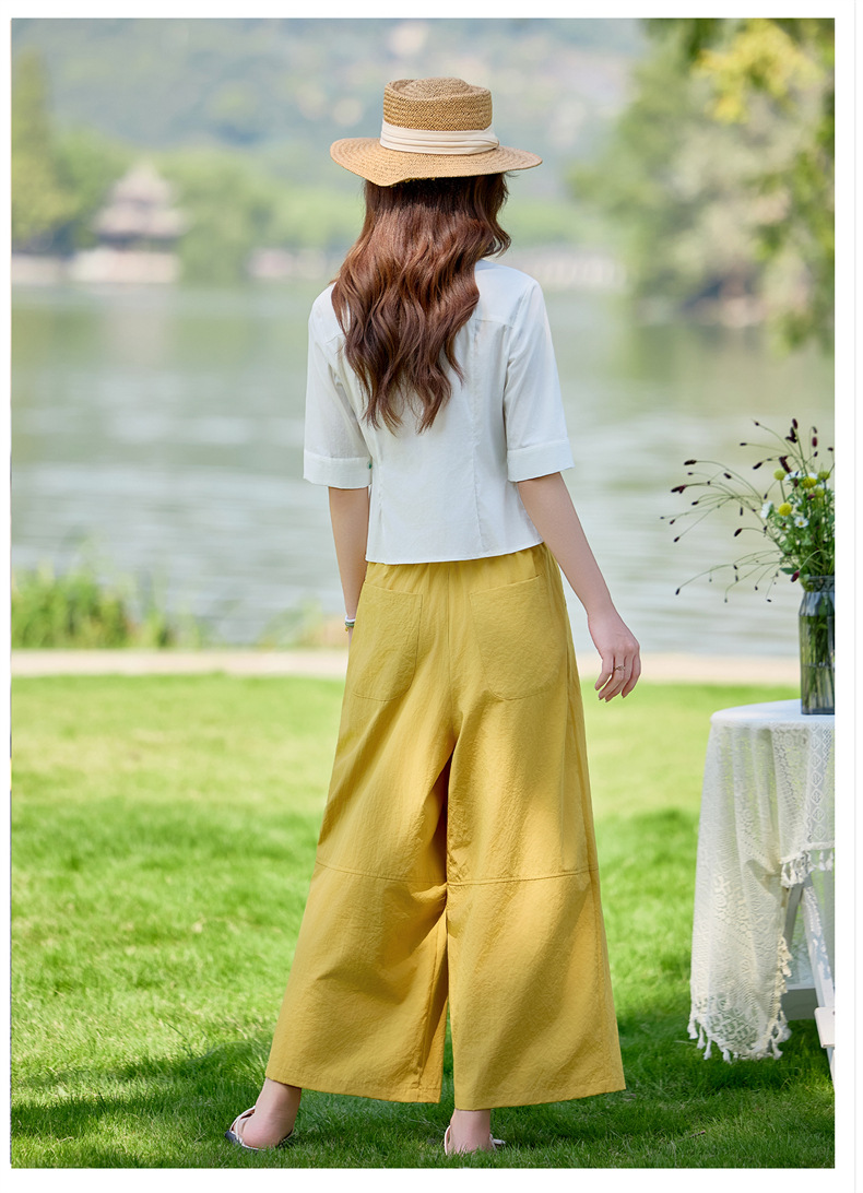 Bộ vest nữ hai mảnh áo sơ mi in họa tiết kết hợp quần ống suông cạp cao — Màu ảnh chi tiết 17