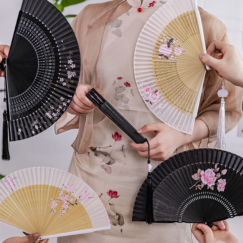 Fan Folding Fan Antique Women's Hanfu Cloth Summer Dancing Dance Folding Classical Costose Tassel Deyun Club Girl Fan