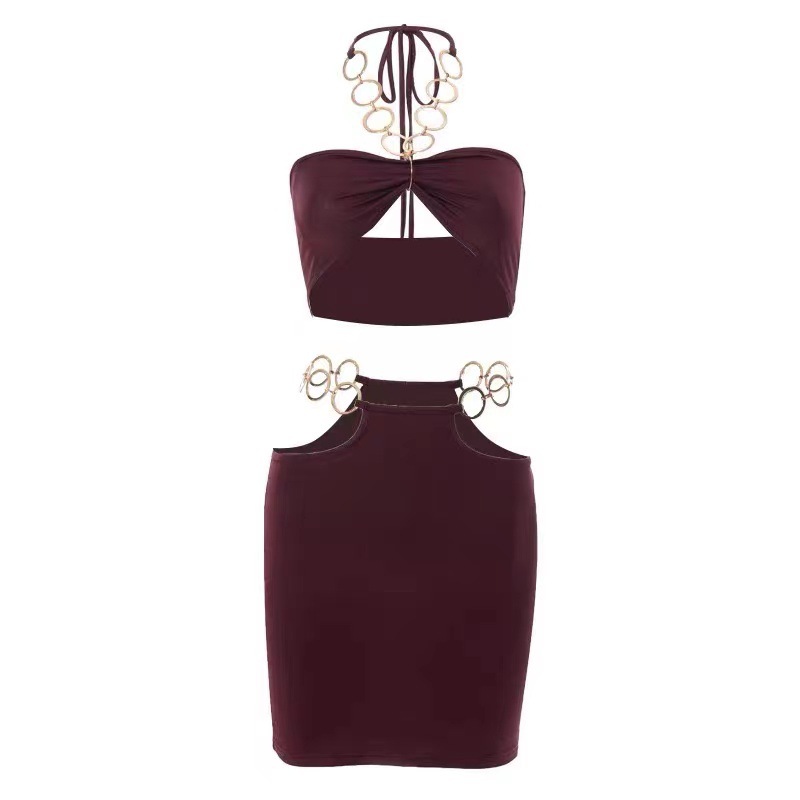Halter Tube Top and Mini Skirt Set with Hollow Waist Detail in Wine Red — detail image 8