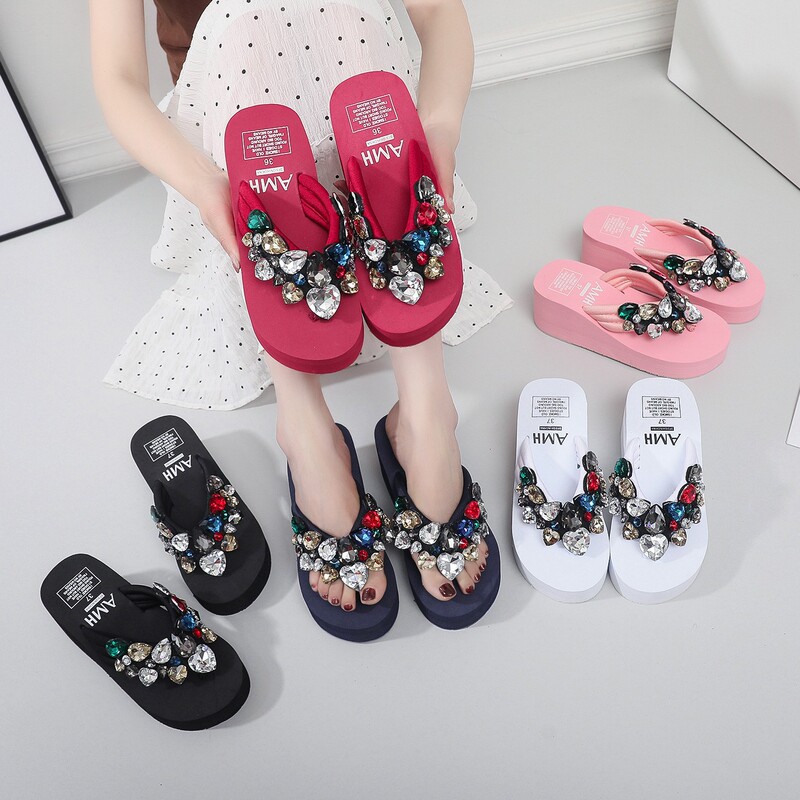 High-Heeled Thick-Soled Fashionable Rhinestone Sandals for Women Love Glass Summer New Outer Wear Beach Vacation Beach Shoes