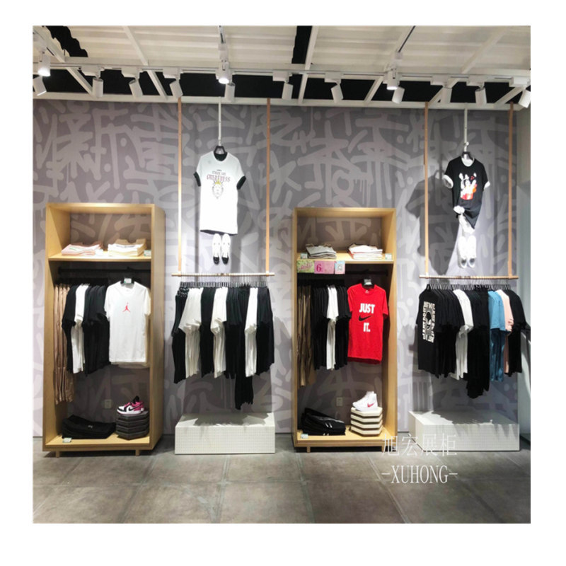 定制'户外运动服展柜枫上墙运动鞋柜子体育用样品服装陈列柜吊架