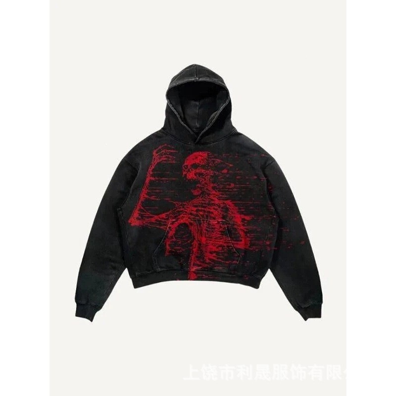 American High Street Style Red Skull Print Hoodie, Dark Vintage Loose Oversize Trendy Brand Unisex Hoodie American High Street Style Red Skull Print Hoodie, Dark Vintage Loose Oversize Trendy Brand Unisex Hoodie