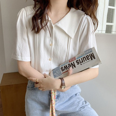 2025白シャツ女性デザイン感小衆港味夏vネックシャツレトロフランス半袖上着