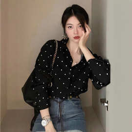 韩国chic复古赫本风翻领撞色波点设计宽松休闲百搭长袖衬衫女