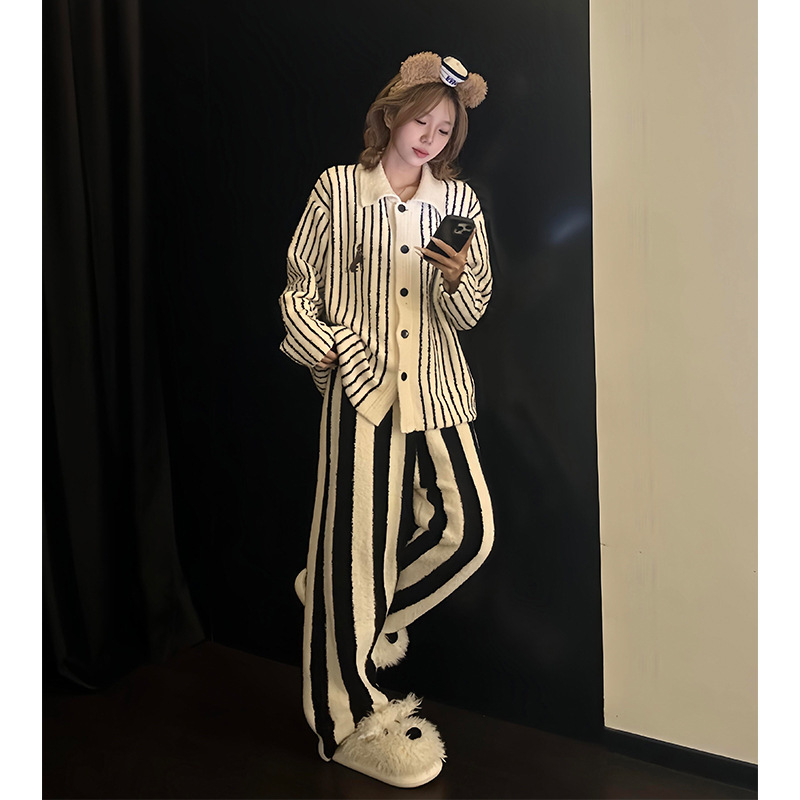 韩系纯欲高级小熊半边绒睡衣女冬季新款加厚毛绒针织家居服套装|undefined