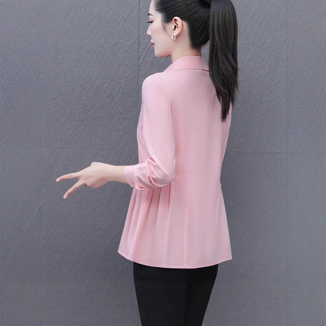 Рубашки для женщин больших размеров, лето 2025, новый стиль, модные рубашки с длинными рукавами для мам среднего возраста, однотонные топы