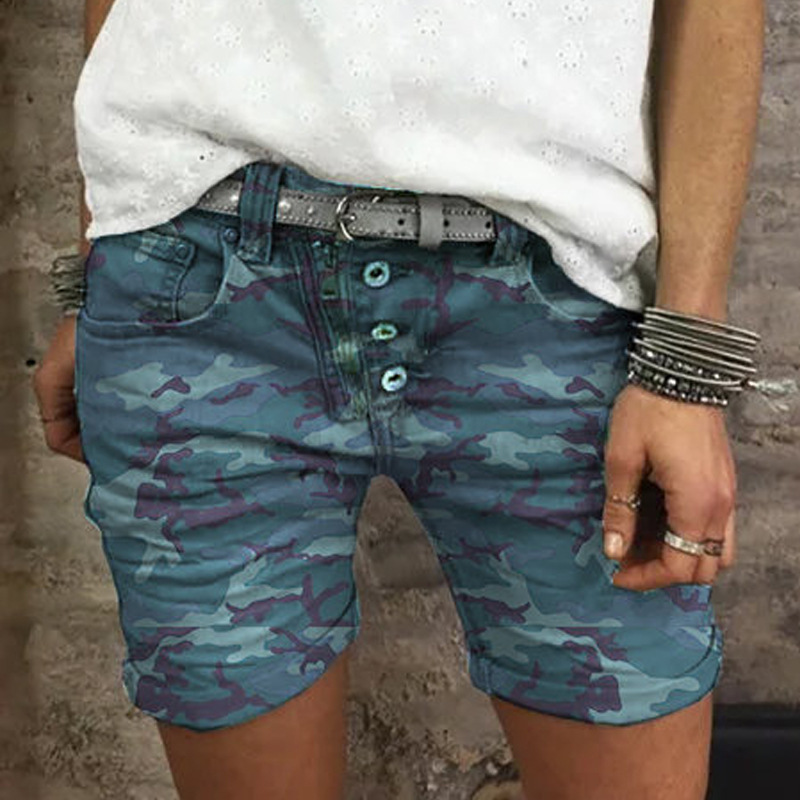 European and American Amazon Wish Export New Women's Denim Shorts High Elastic Slim Fashion Camouflage Hot Pants