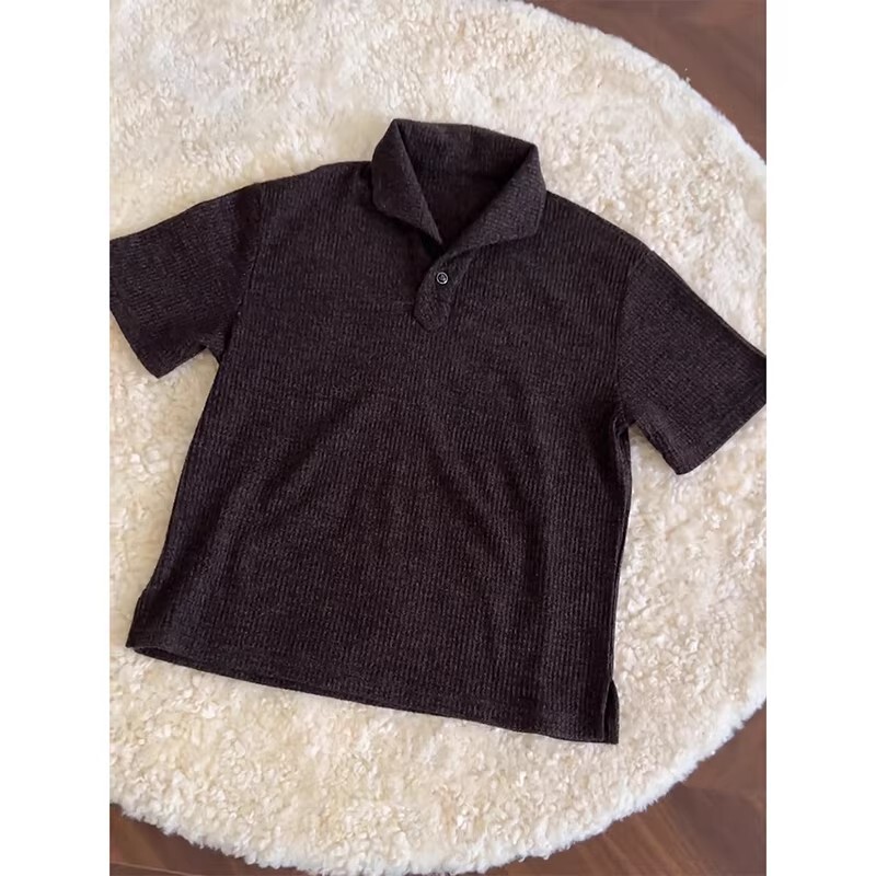 Dark Brown Old Money Style Polo Shirt Short-Sleeved Men's Summer Italian-Style Knitted T-Shirt Boxy Fit Slim Fit V-Neck Half-Sleeve