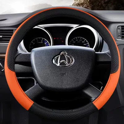 New leather steering wheel cover: Steering wheel cover - embossing-black-orange-round-38cm