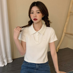 2025 半袖デザインニッチ Tシャツレディースコットンショート夏刺繍へそ露出半袖ポロネック新作トップ