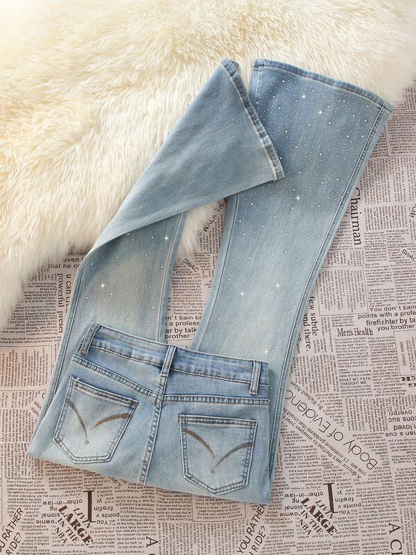 High-waisted rhinestone embellished flared jeans for women, light blue, slim fit, slimming, new spring fashion, washed long pants
