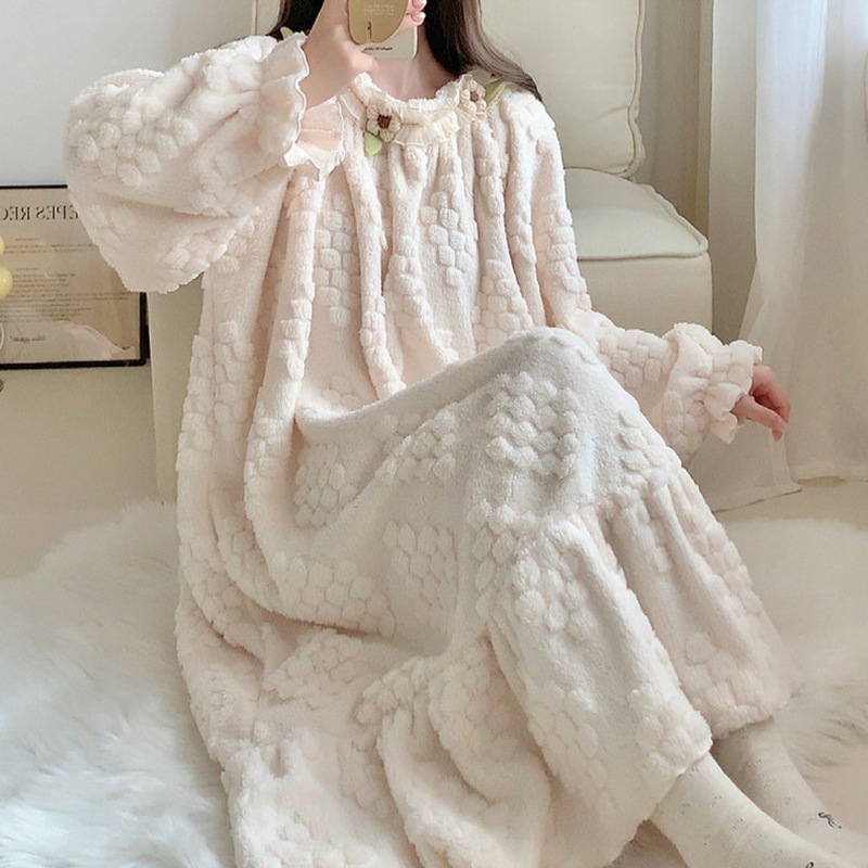 Sweet Coral Velvet Long Nightgown Pajamas for Women, New Autumn and Winter Style, Loose Fit, Thickened and Fleece-Lined, with Drawstring, Suitable for Pregnant Women, Home Wear Sweet Coral Velvet Long Nightgown Pajamas for Women, New Autumn and Winter Style, Loose Fit, Thickened and Fleece-Lined, with Drawstring, Suitable for Pregnant Women, Home Wear