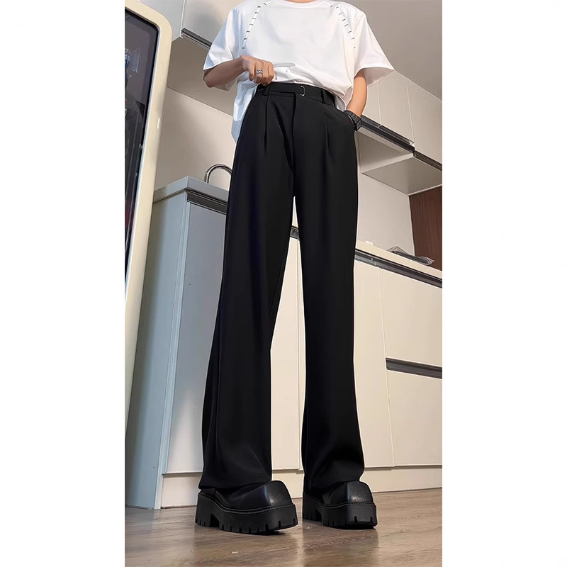 Margiela Trousers with a Loose Drape, Cleanfit Ice Silk Pants for Men, Summer Slightly Flared Straight Suit Trousers