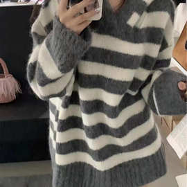 软糯撞色条纹连帽套头毛衣女秋冬外穿慵懒风宽松中长款针织衫上衣