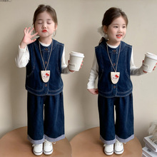 新款春季蓝色牛仔女童时尚洋气马甲阔腿裤潮