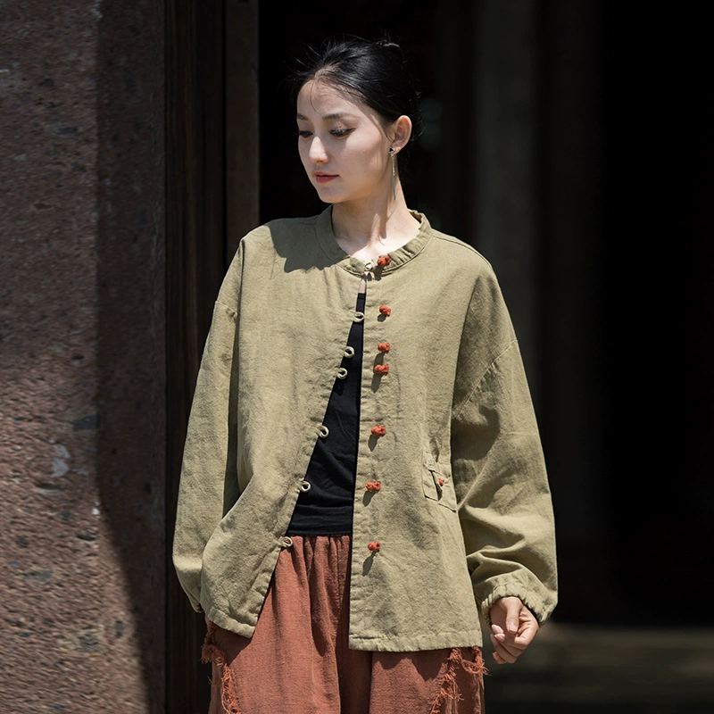 Новая женская одежда из хлопка и льна на осень/зиму: художественная ретро-рубашка из рами, женский кардиган-жакет с цветными блоками и пуговицами