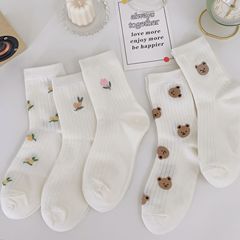 White Socks Girls Mid-Calf Socks Ins Trendy Cotton Socks Spring and Autumn Style Japanese Cute Cartoon Bear Student Summer Socks