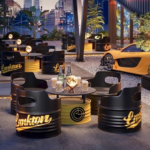 Industrial Style Card Holder Sofa for Commercial Use, Creative Bar Oil Drum Tables and Chairs, Coffee Shop Milk Tea Shop Negotiation Table and Chair Combination